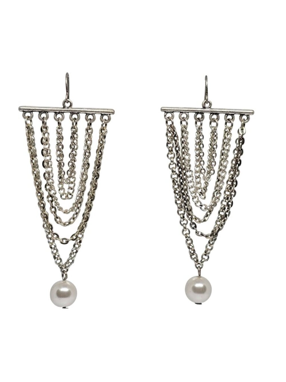 Silver Tone Chain Tassel Dangle Earrings Faux Pearl Drop Statement Boho Chic
